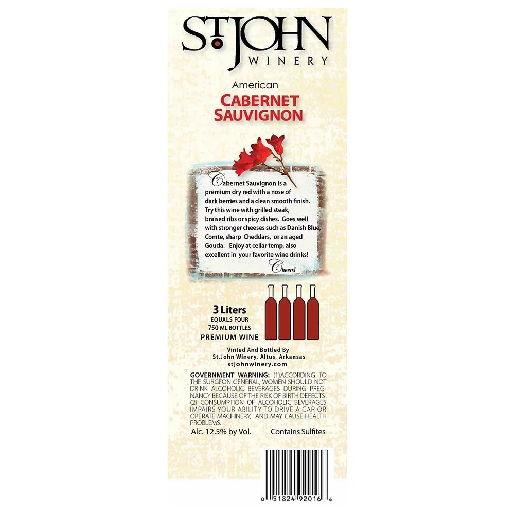 Each 13.5% Winery Red , Wine, John Servings-150ml -20 St. Sauvignon Cabernet Box Arkansas, 3L
