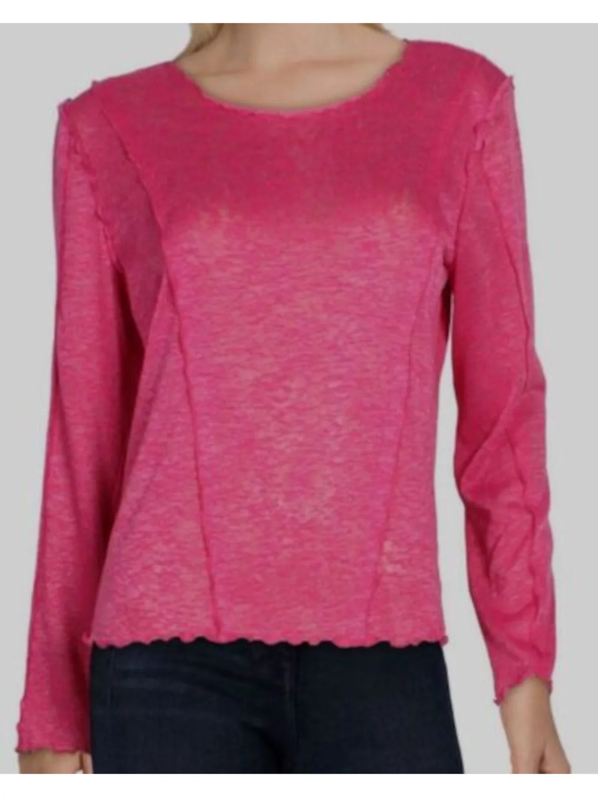 B Scalloped Top Heather Womens Pink Seam Neck Stretch Detail Sleeve Long Round M