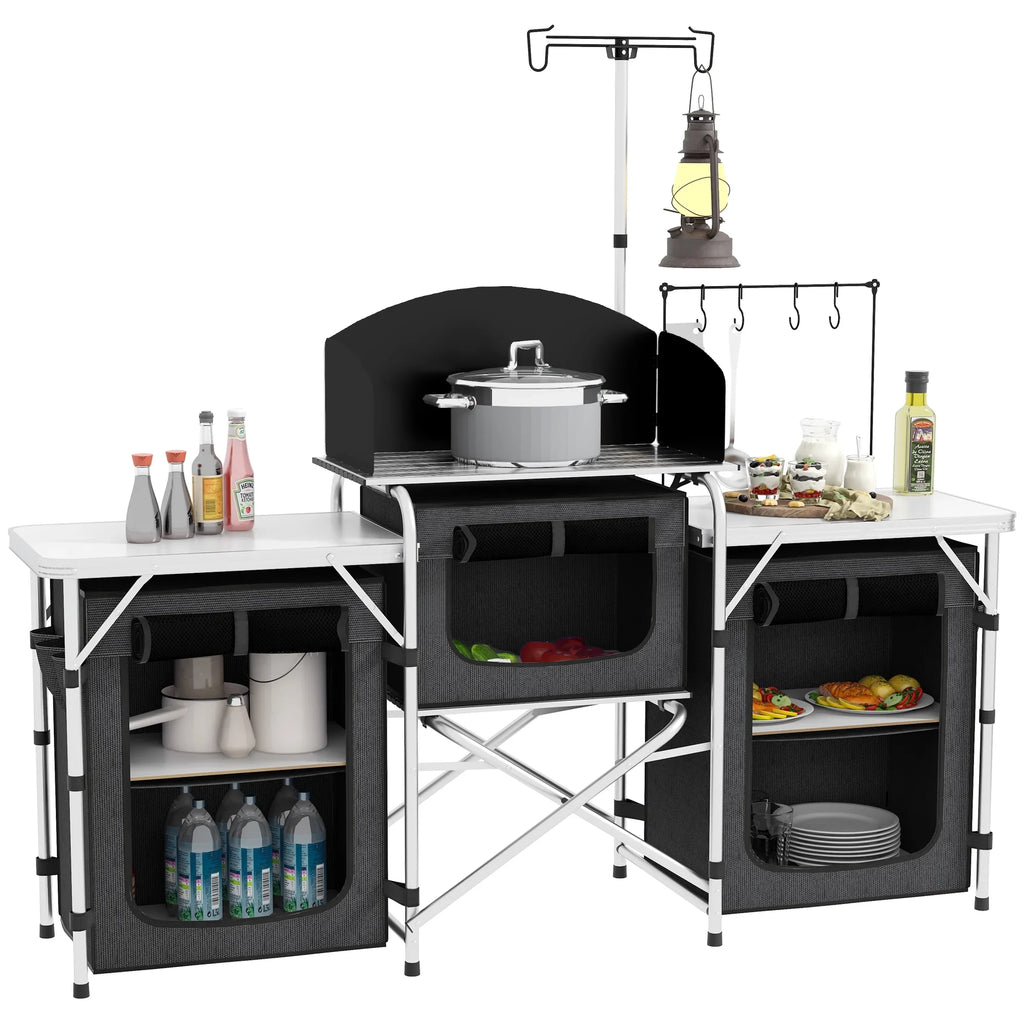 with Kitchen Black Fabric Camping Cupboards Windshield Folding Outsunny