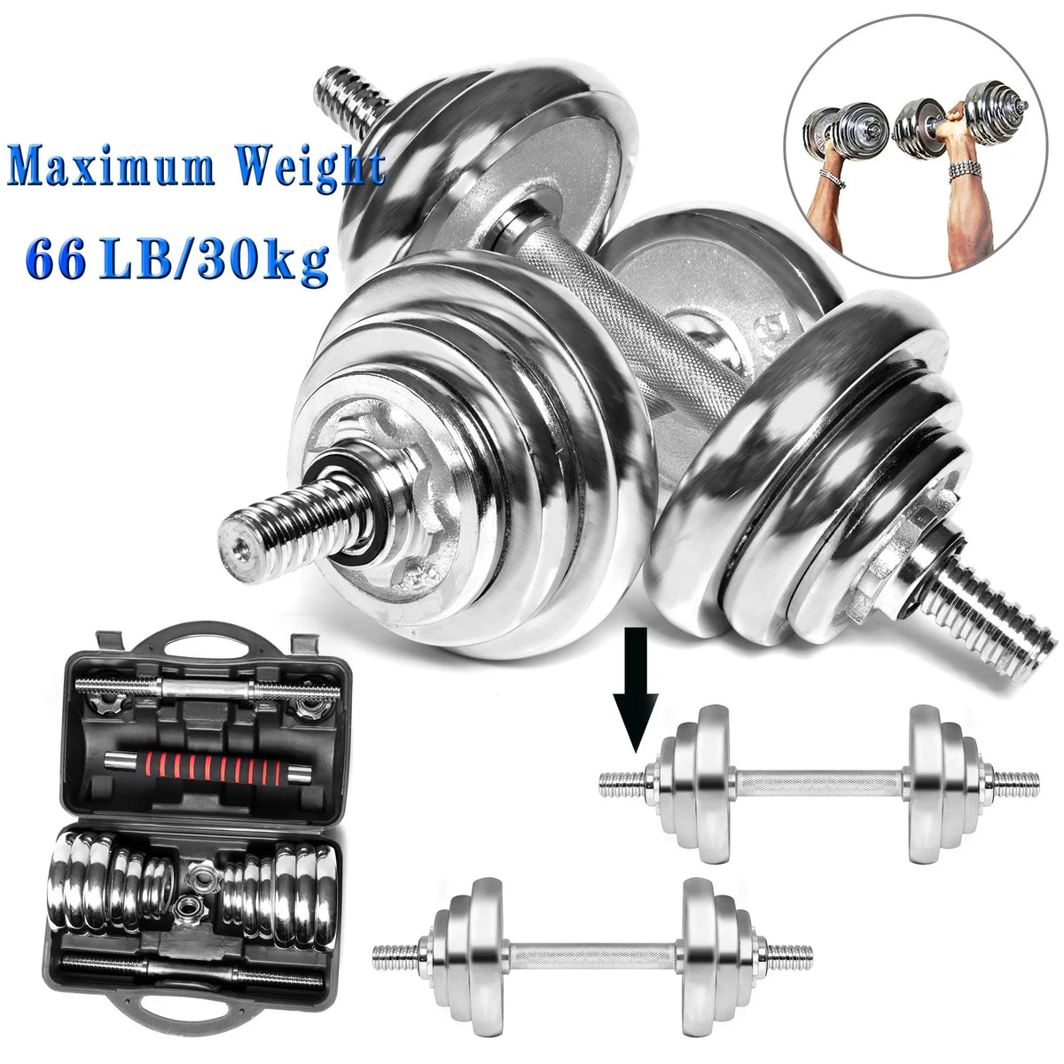 Household Weight Fitness Dumbbells Silver 66LB Dumbbell Gym Adjustable for Exercise, Set Barbells Detachable