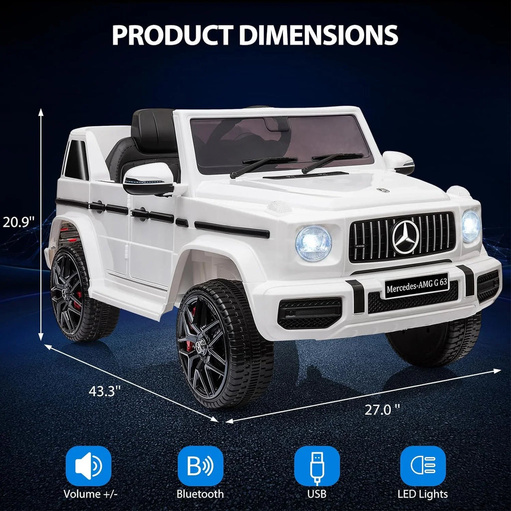Safety Lock G63 , Kids Ride Control, Powered Music, on Bluetooth, Light, 12V Spring Benz Battery Licensed Electric Vehicle, Horn, White Electric Mercedes Suspension, w/Remote Car Car,