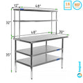 Stainless Kitchen Overshelf & Work x With Double Shelves Two Combo Shelving Table Prep Wide 30" 12" | Tier 48" | Table Steel Metal
