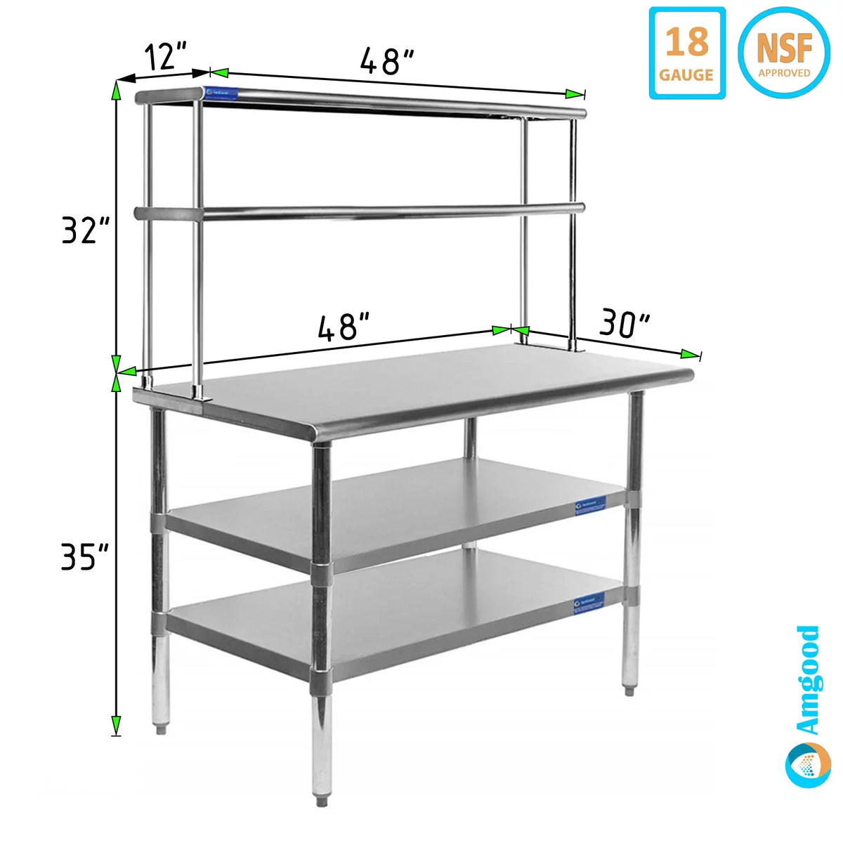 Stainless Kitchen Overshelf & Work x With Double Shelves Two Combo Shelving Table Prep Wide 30" 12" | Tier 48" | Table Steel Metal