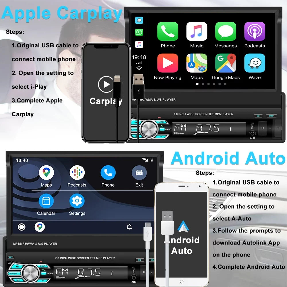Retractable Function, Apple Auto Carplay Radio Link 7" Touchscreen Stereo Camera Player Car Video with Single Mirror Backup Android Bluetooth Universal 1 Podofo 12 Auto
