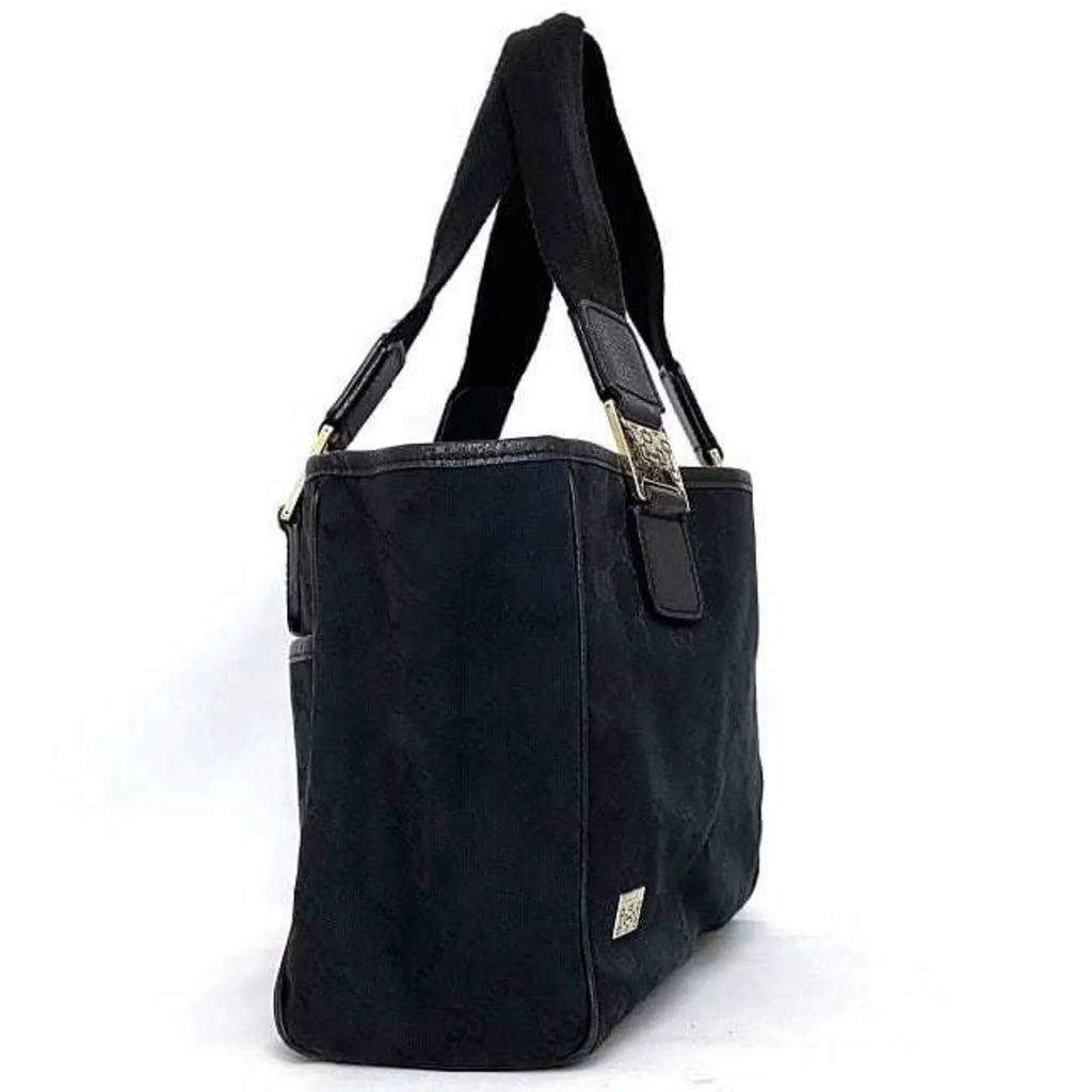 Ladies (Good) Pre-Owned Horsebit Tote Black Bag Handbag Gucci Silver Leather 145810 Canvas