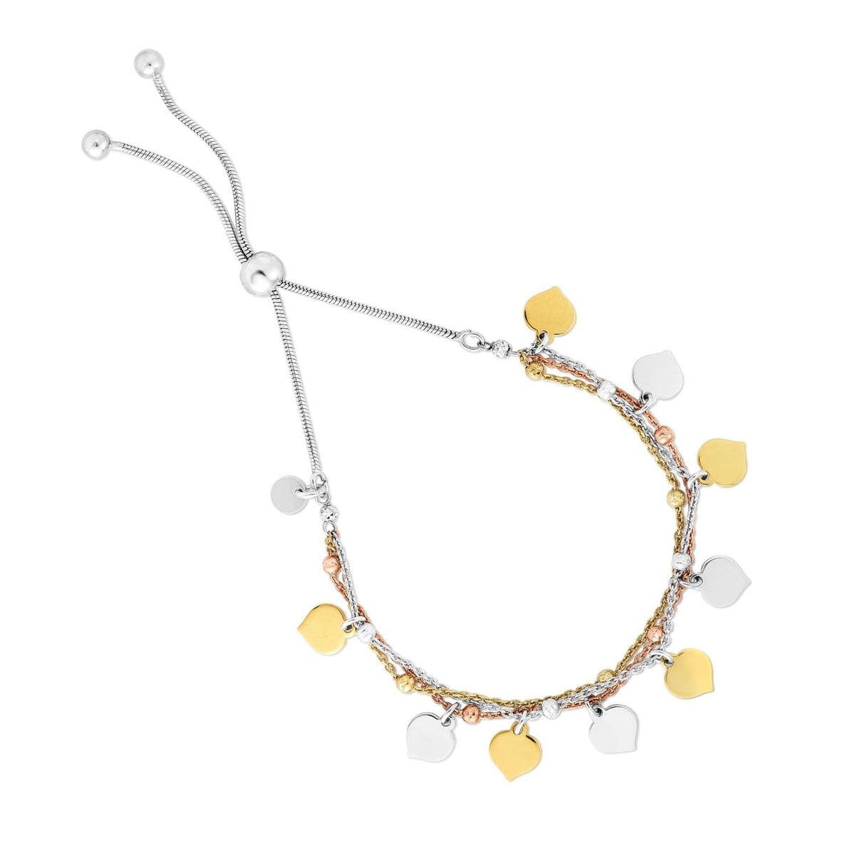 9.25" Draw Charm Dangle Tri-Color Jewelstop Friendship Polished with String Finish - Bracelet Sterling Silver