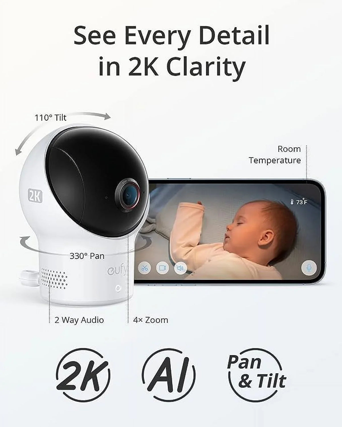 White Baby Pan Camera Security T8360 Wi-Fi Security Open Eufy - Tilt Monitor Box 2K