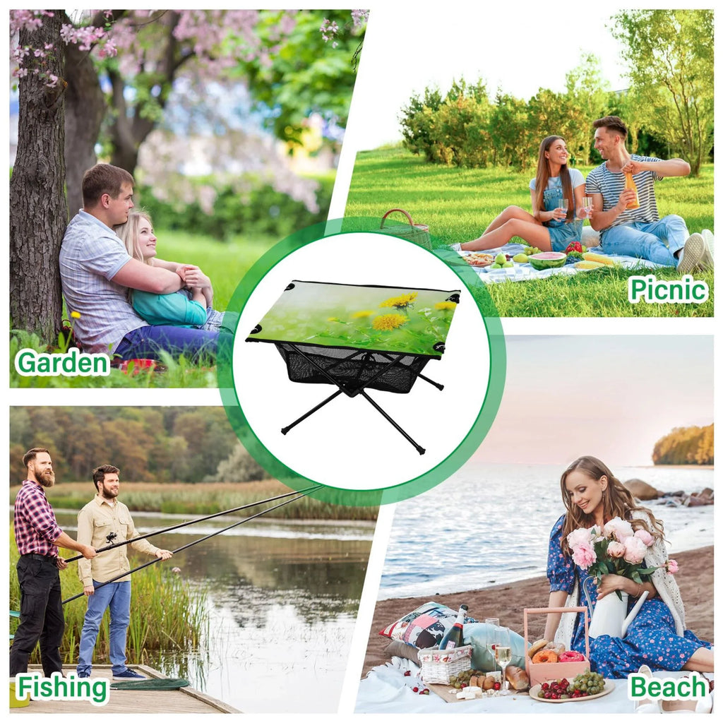 Green Travel Beach Folding Table Portable Spring Picnic Outdoor Camping Table Fishing with Flowers Compact Table Storage for Bag
