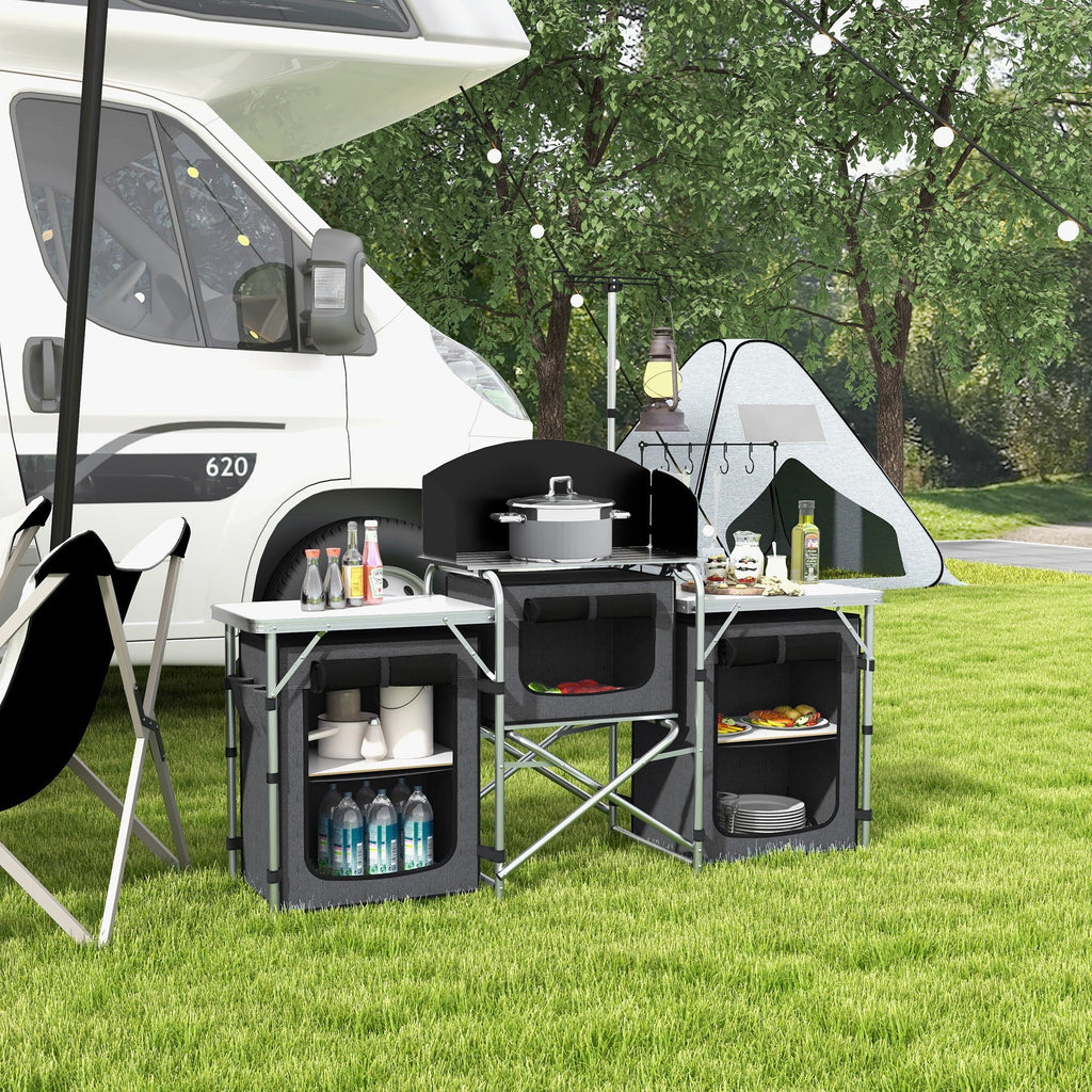 with Kitchen Black Fabric Camping Cupboards Windshield Folding Outsunny