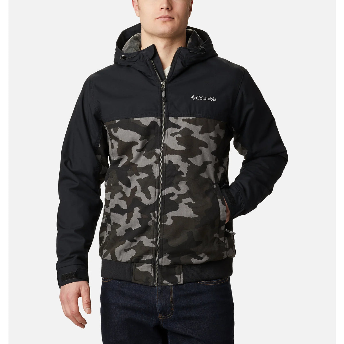Small Men's Columbia Black Jacket, Camo/Black, Hooded Traditional Vista Loma