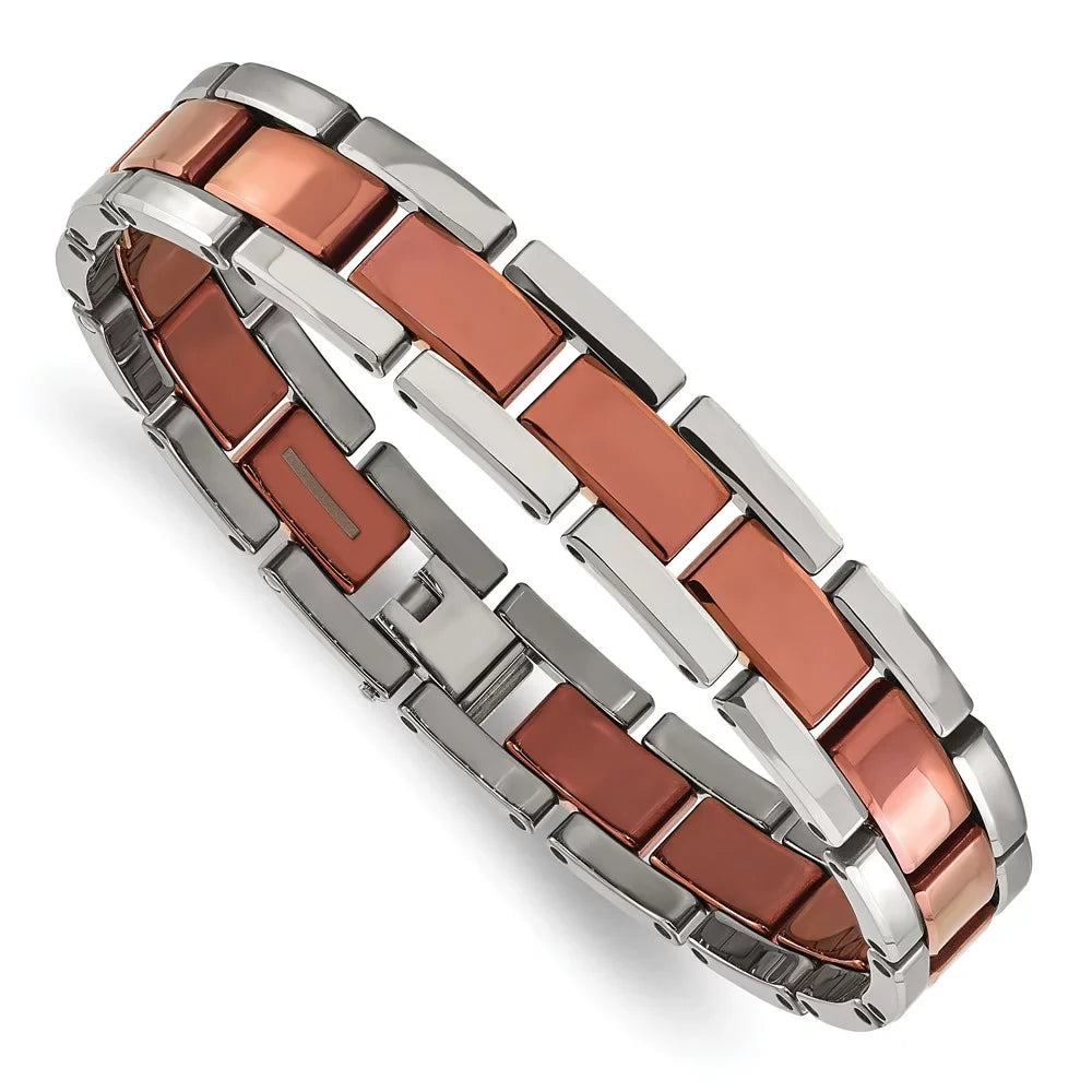 The Tungsten Men's 8.25 Bow Plated Panther Polished Brown Bracelet, In Link & Black