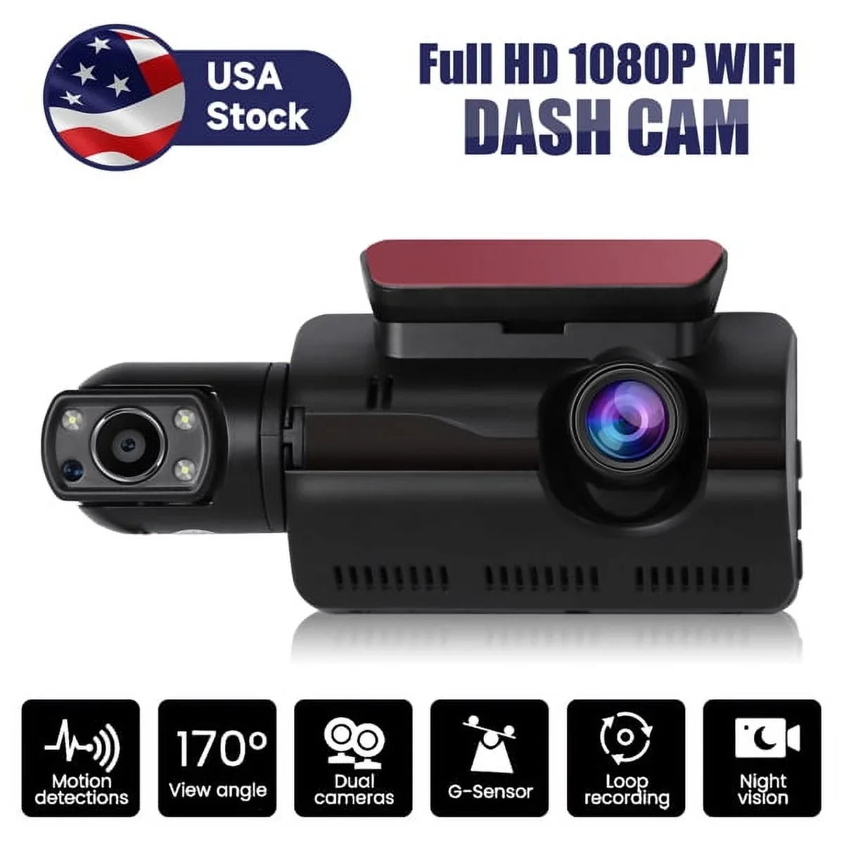 Dash Camera 1080P G-Sensor Dash Loop Vision Wide Angle Recordin Front Night Cam and 170° Rear