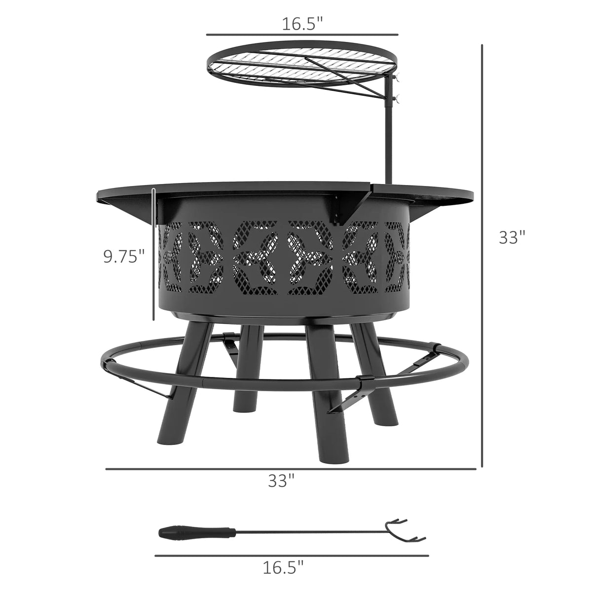 Grate Round, Wood Adjustable and with Poker, Pit Picnic, Black Cooking Firepit for Grill Burning Fire Capri Outdoor Backyard, 33" Patio,