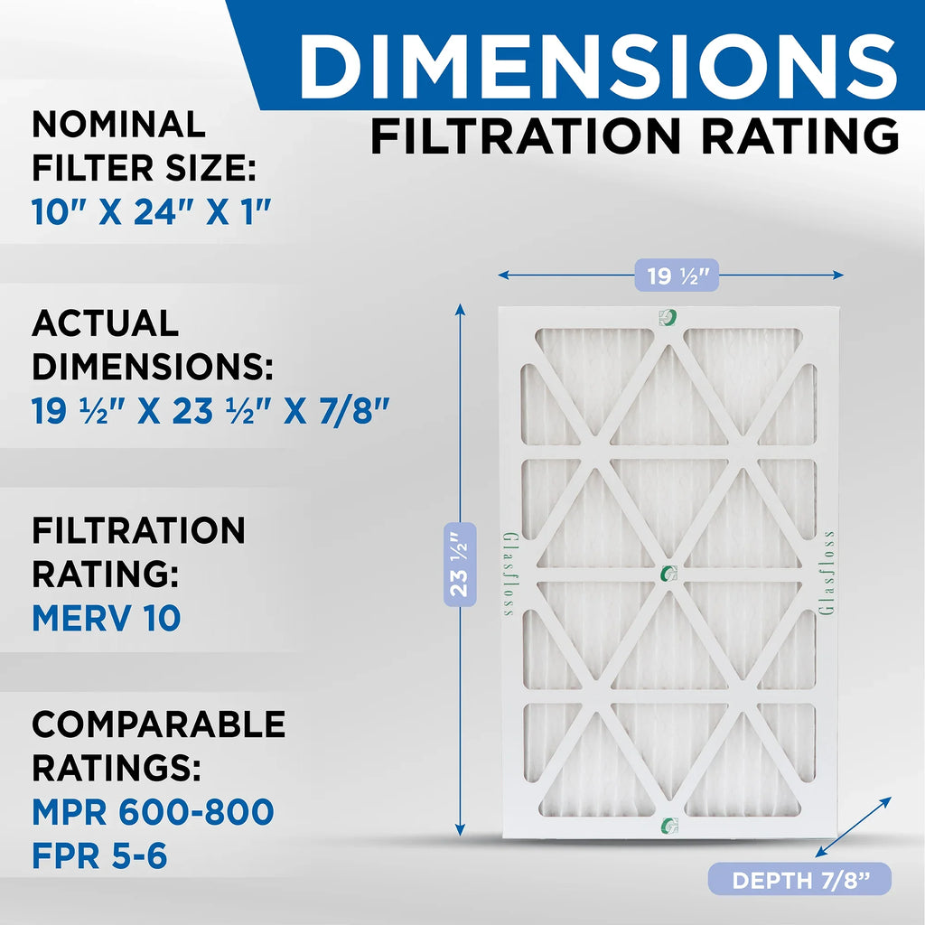x x Glasfloss. 23-1/2 Actual 12 Filters Size: Pack Pleated 10x24x1 of by Air 9-1/2 7/8 10