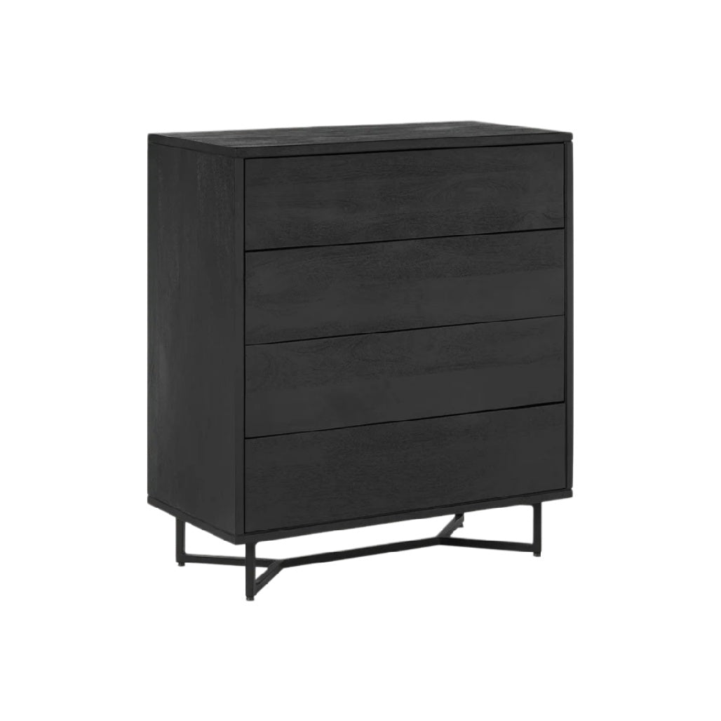 Moderner schwarzer Kommode mit vier Schubladen und metallischem Untergestell