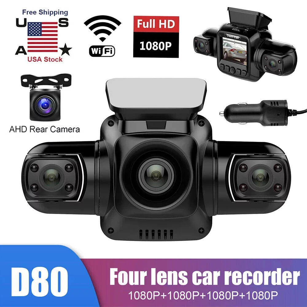 3 Channel Front, Rear, Dash Cameras Cam Driving Car Recorder and Inside, Right 360°Panoramic Vision Night Rear and Left, Front