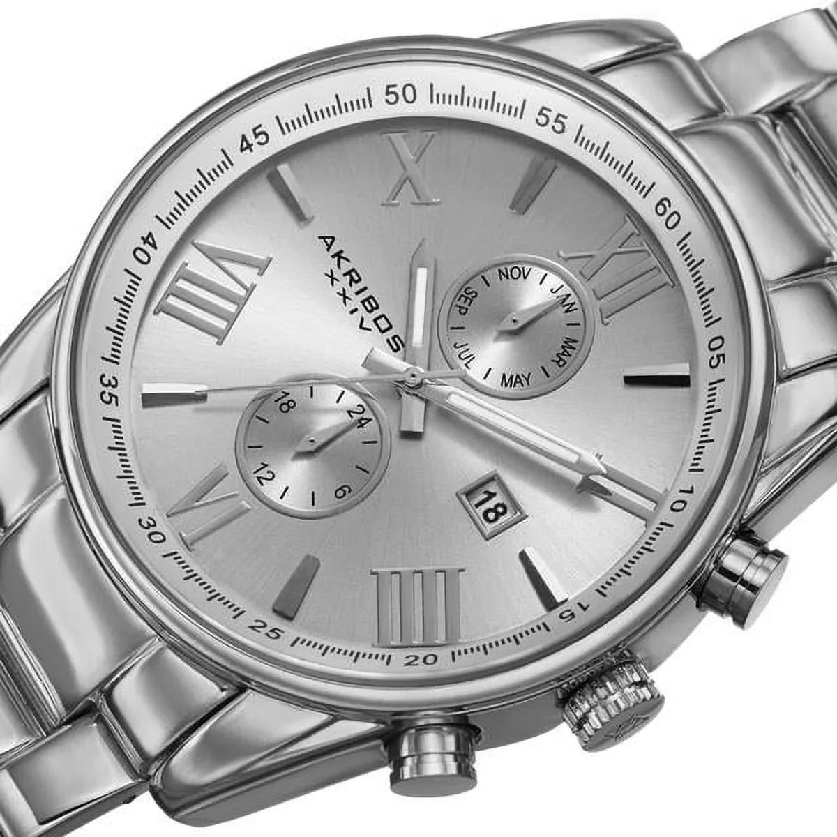 Bracelet Dual-Time Silver-Tone Watch Quartz Swiss Steel Multifunction Stainless Men's