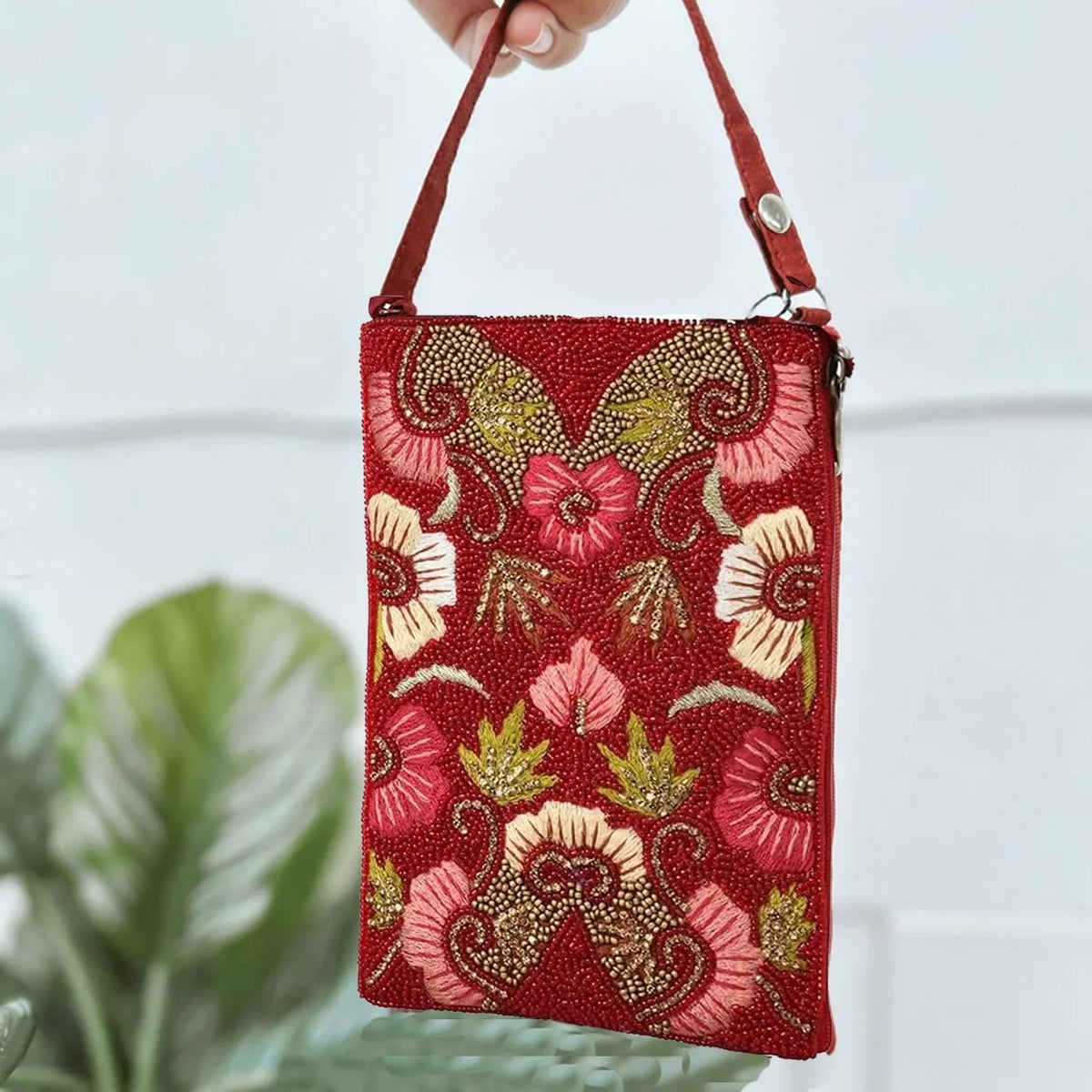 Bloom Floral Bag Phone Red Multi Crossbody, Ruby Club Beaded