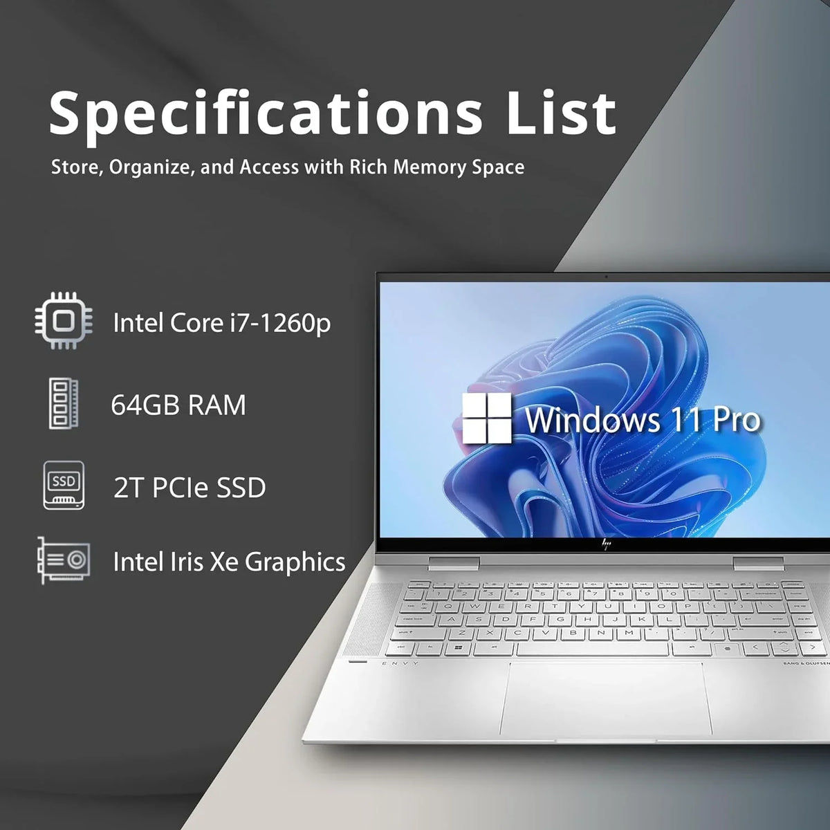 Iris , Pro, i7-1260p, , Bluetooth, x360 15.6" , 64GB Backlit Envy Card Graphics, Silver, Core Win 11 2TB Wi-Fi, Webcam, 2-in-1 32GB Xe Intel Laptop, Intel Touchscreen