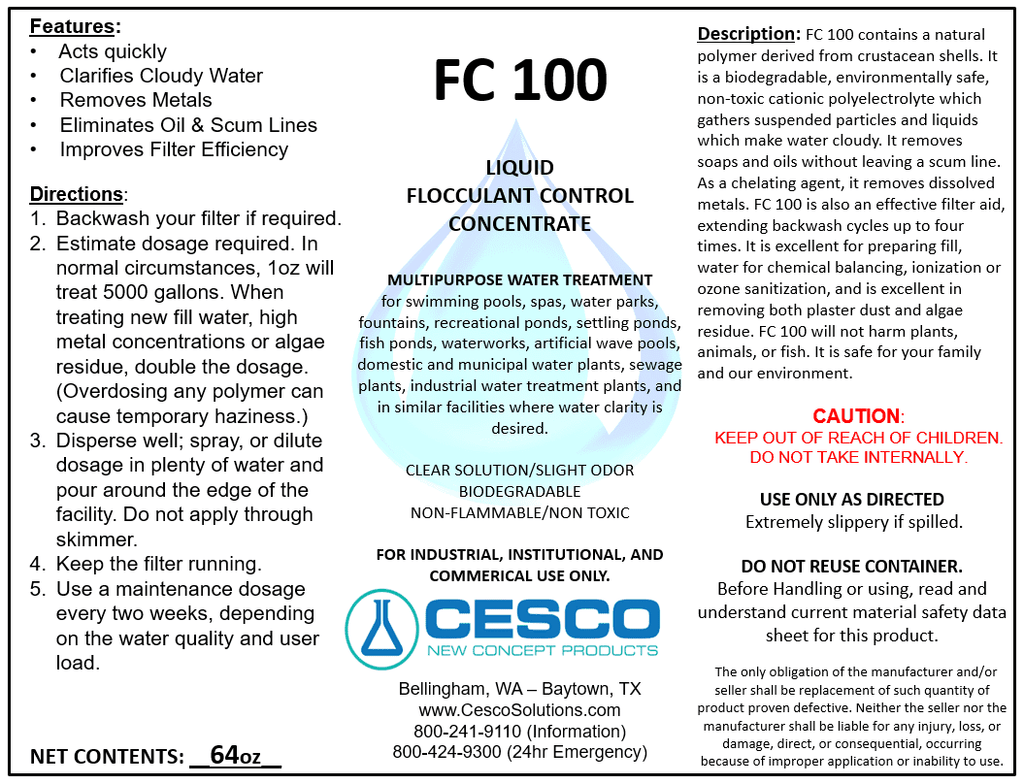 Oz 64 for Concentrated Pool - Clarifier Supplies Solutions Pool, Moisture - Spa Liquid Swimming -100 - Safe - Non-Toxic Eco-Friendly, Pond, Flocculant Cesco Chemicals Pool Cleaning