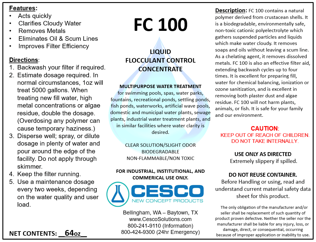 Oz 64 for Concentrated Pool - Clarifier Supplies Solutions Pool, Moisture - Spa Liquid Swimming -100 - Safe - Non-Toxic Eco-Friendly, Pond, Flocculant Cesco Chemicals Pool Cleaning