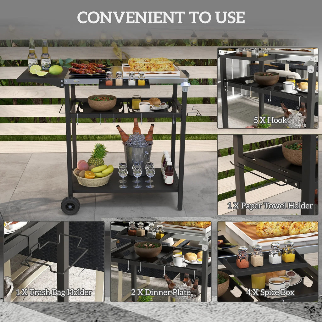& & Tabletop, Shelf, Wheels, Bag Jars, with Outdoor Serving Hooks, Patio with Tiers Garbage with Island Cart 2 Spice Kitchen Seasoning Plates Stainless Towel Black & Bar Cart Holder, Steel