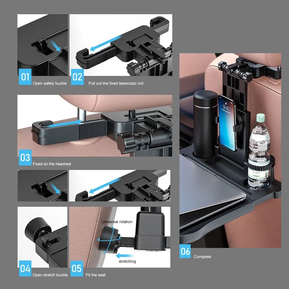 Seat for Back Multifunctional Phone with Adjustable Travel Working, Carevas Foldable Tray, Holder Table Food Eating Car Car Writing, Table Car Black Seat