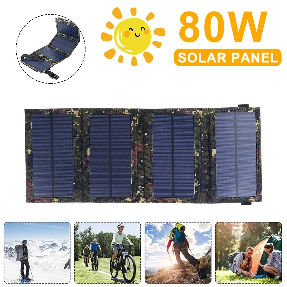 Charger Phone Bank Panel Folding Camping Power Solar Outdoor Hiking 80W
