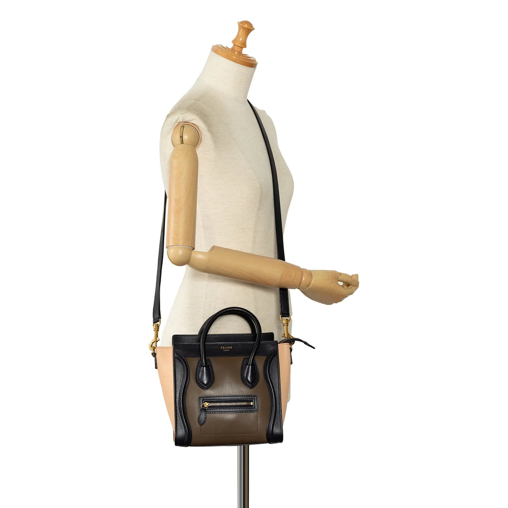 Calf Satchel Authenticated Pre-Owned Luggage Tricolor Tote Leather Brown (Good) Unisex Celine Nano