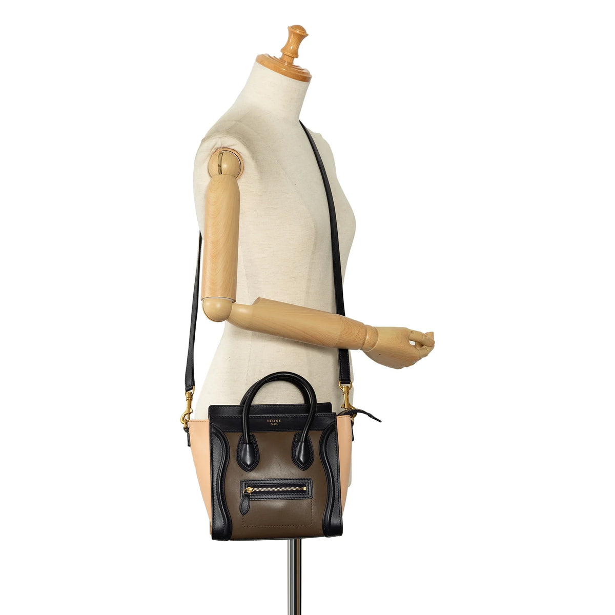 Calf Satchel Authenticated Pre-Owned Luggage Tricolor Tote Leather Brown (Good) Unisex Celine Nano