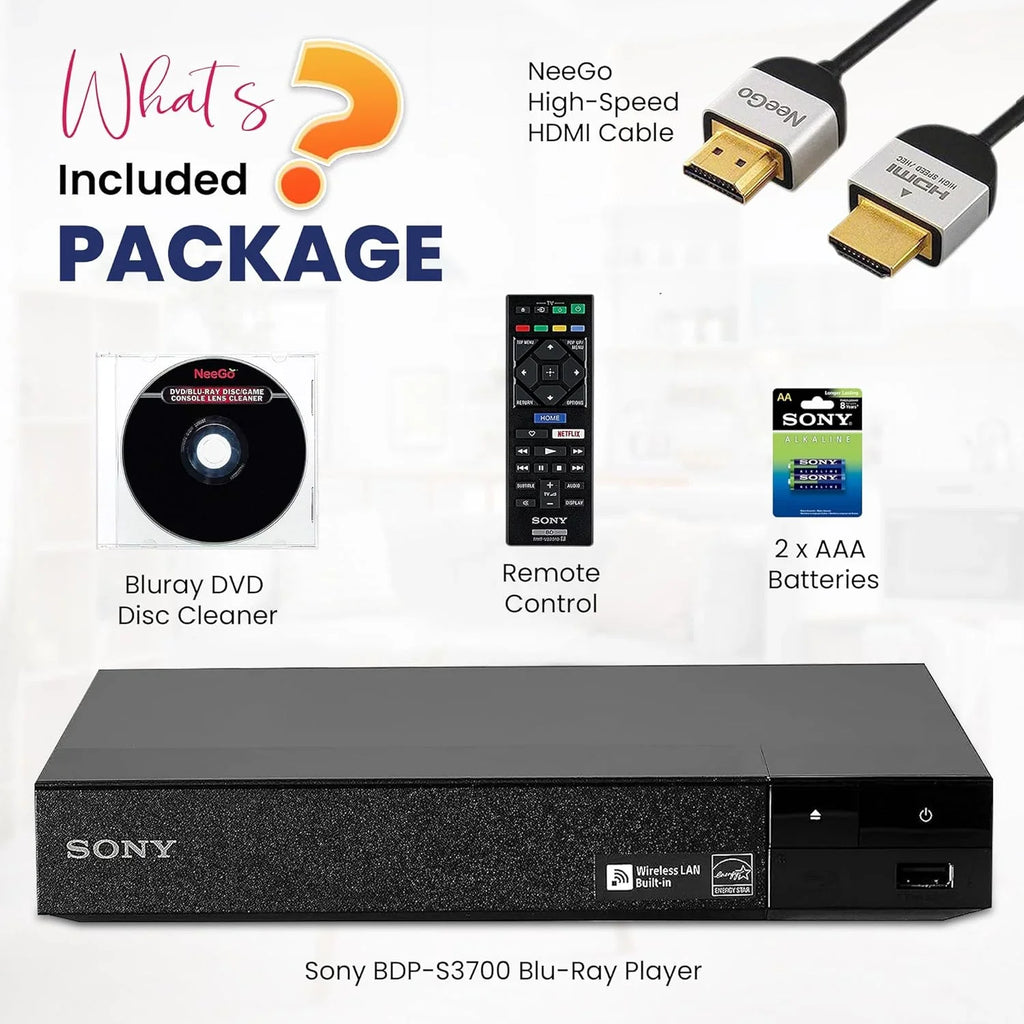 Remote Lens Sony - + Netflix, Wi-Fi Cable with -S3700 Tube W/Ethernet Disc High-Speed You Player Built-in NeeGo NeeGo Blu-Ray + Cleaner Control