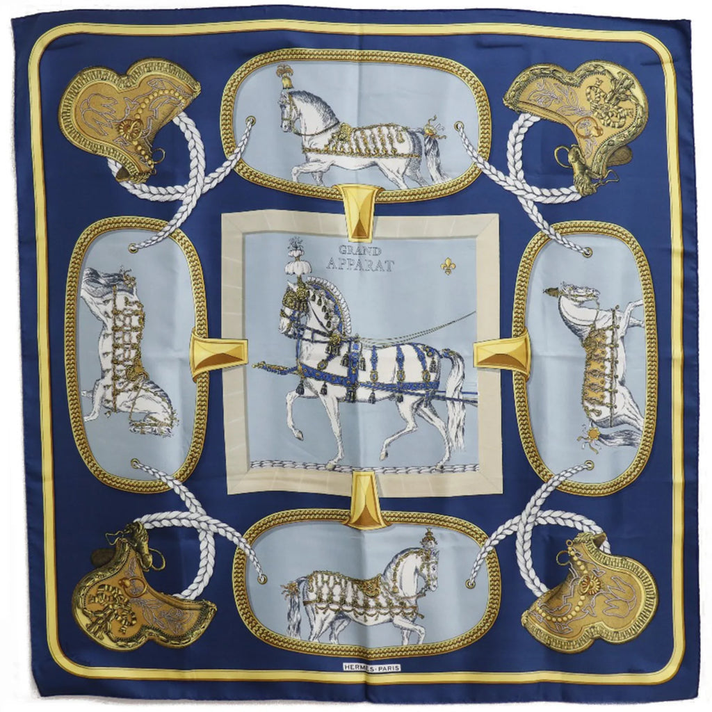 Carre Hermes Scarf (Fair) Pre-Owned 90 Blue Dressed Silk Horse Women's