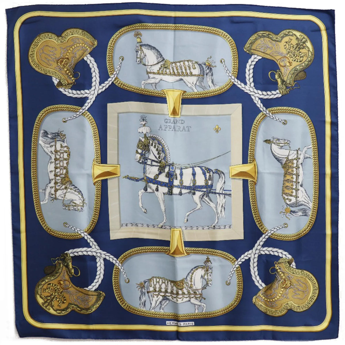 Carre Hermes Scarf (Fair) Pre-Owned 90 Blue Dressed Silk Horse Women's