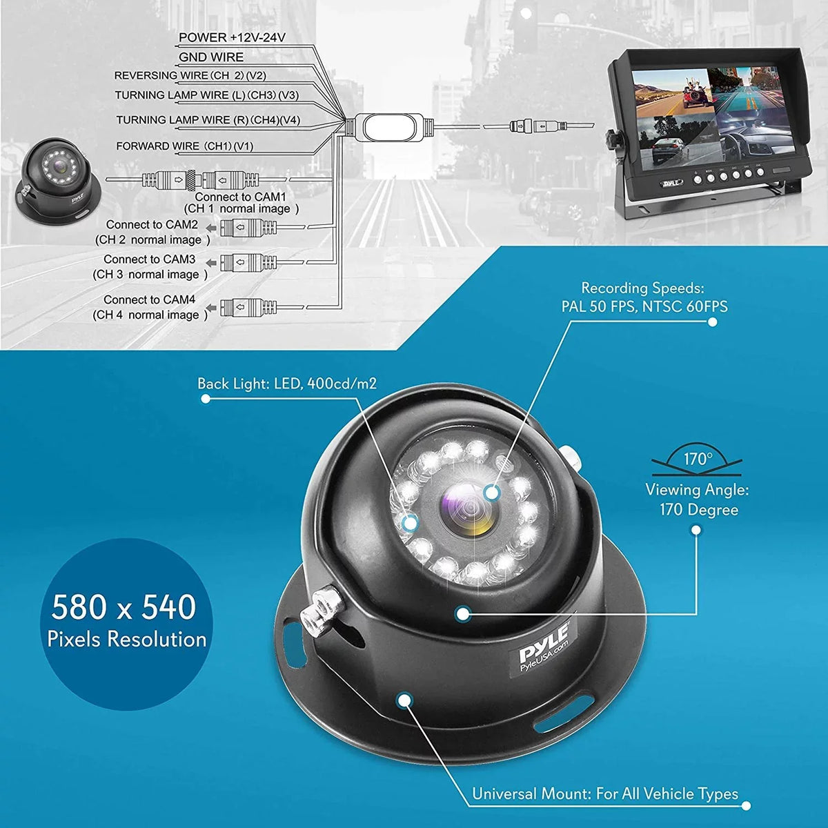 Car PLCMTRDVR47 Recorder, Rearview - w/ Up 9 Vision, Backup Pyle Night View - Mount Universal Kit Parking Back Monitor, System Reverse Rear Vehicle Dual Video Tilt-Adjustable, Truck Camera