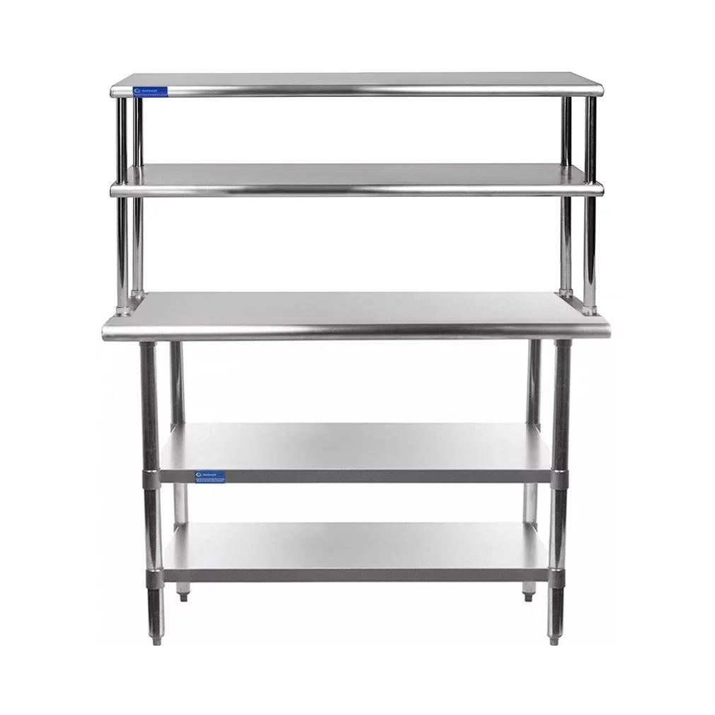 Stainless Kitchen Overshelf & Work x With Double Shelves Two Combo Shelving Table Prep Wide 30" 12" | Tier 48" | Table Steel Metal