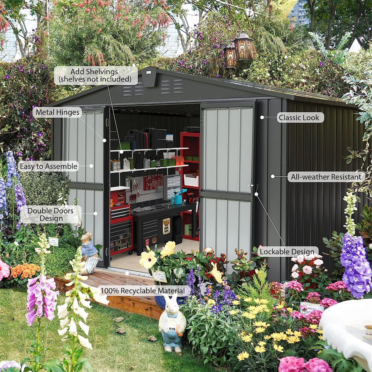 10'X Outdoor Door Tools, Shed Outdoor Storage Trash with 8', Can, Patio, for for CoSoTower Steel Cabinet Galvanized Metal Lawn Bike, Lockable Black) (10X8ft, Storage Shed Garden Backyard,