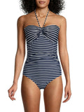4 Striped Tie Navy Stretch Molded Bandeau Shieldage Moderate Women's Lined Piece Swimsuit Neck One Cup
