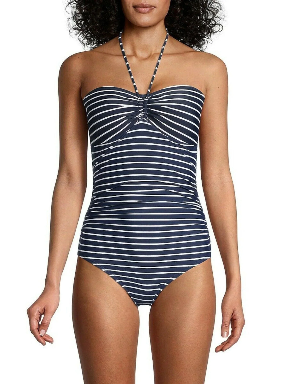 4 Striped Tie Navy Stretch Molded Bandeau Shieldage Moderate Women's Lined Piece Swimsuit Neck One Cup