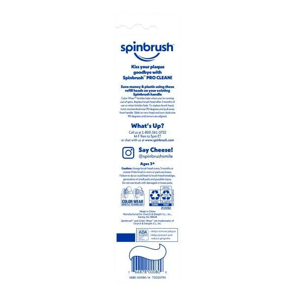 Each Spinbrush Soft Arm - 6 in Hammer Replacement Pro Heads & 2 Brush Clean Pack