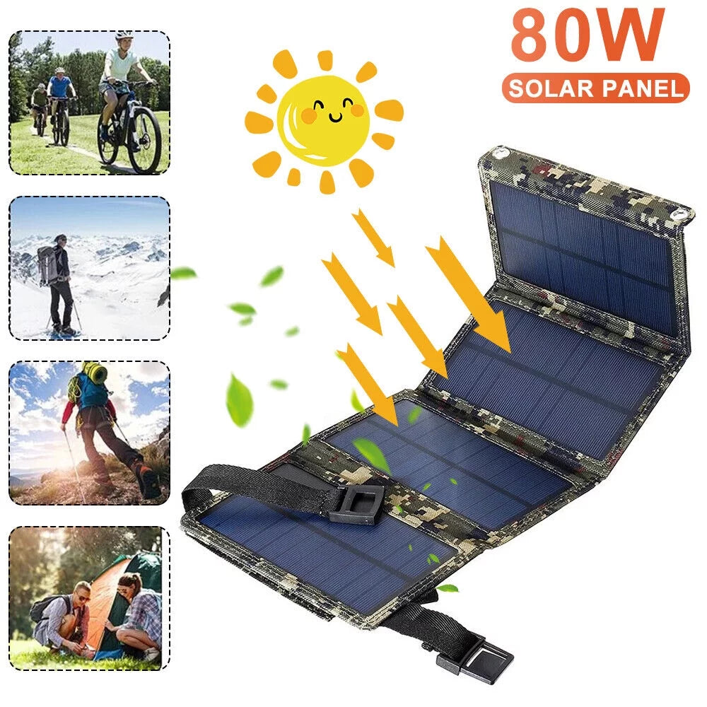 80W Power Charger Solar Panel Outdoor Phone Hiking Paddsun Camping Bank Folding