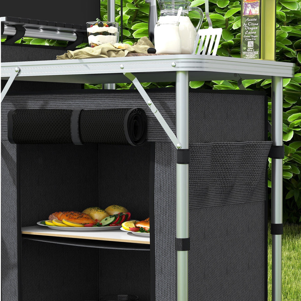 with Kitchen Black Fabric Camping Cupboards Windshield Folding Outsunny