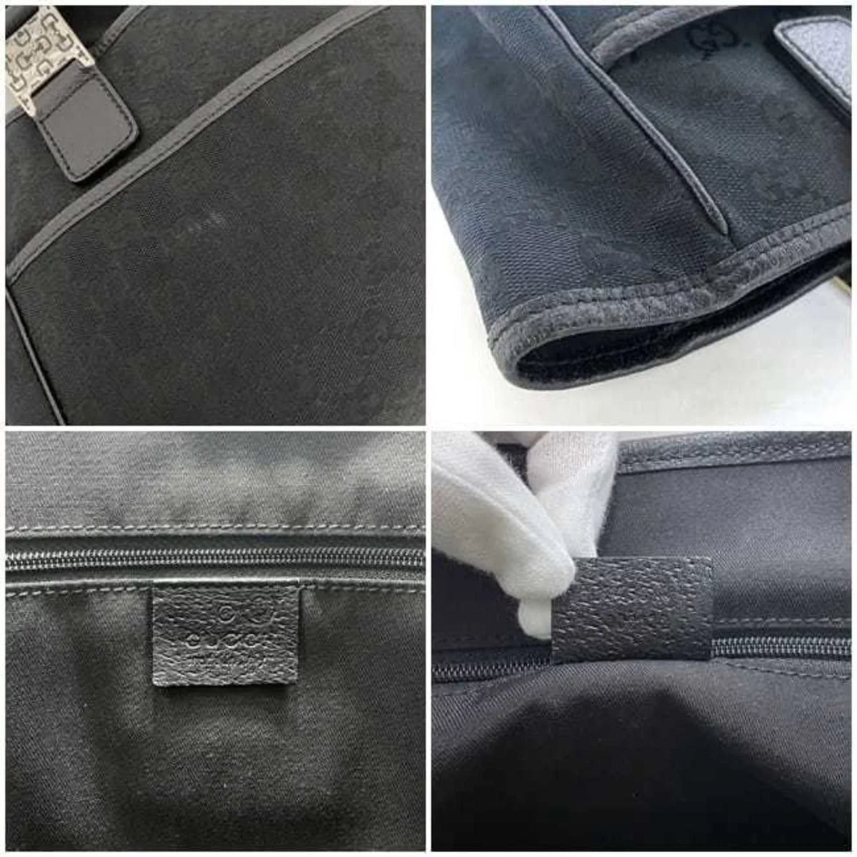 Ladies (Good) Pre-Owned Horsebit Tote Black Bag Handbag Gucci Silver Leather 145810 Canvas