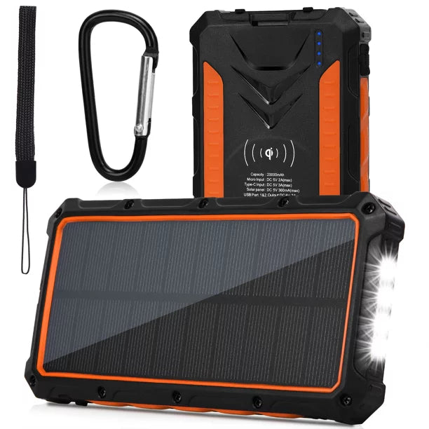 20,000mAh Charger C Pack For Panel Power Port Battery Heavy Input External Flashlight, Solar Duty Bank, Four Charging Type Phone Asus Qi 3 Portable With Solar