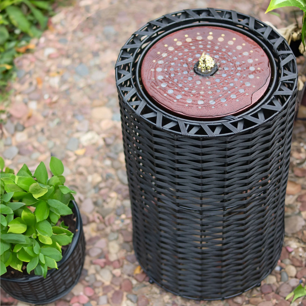 with Cylinder Plastic Wicker - Fountain Sunnydaze Lights 20.5"