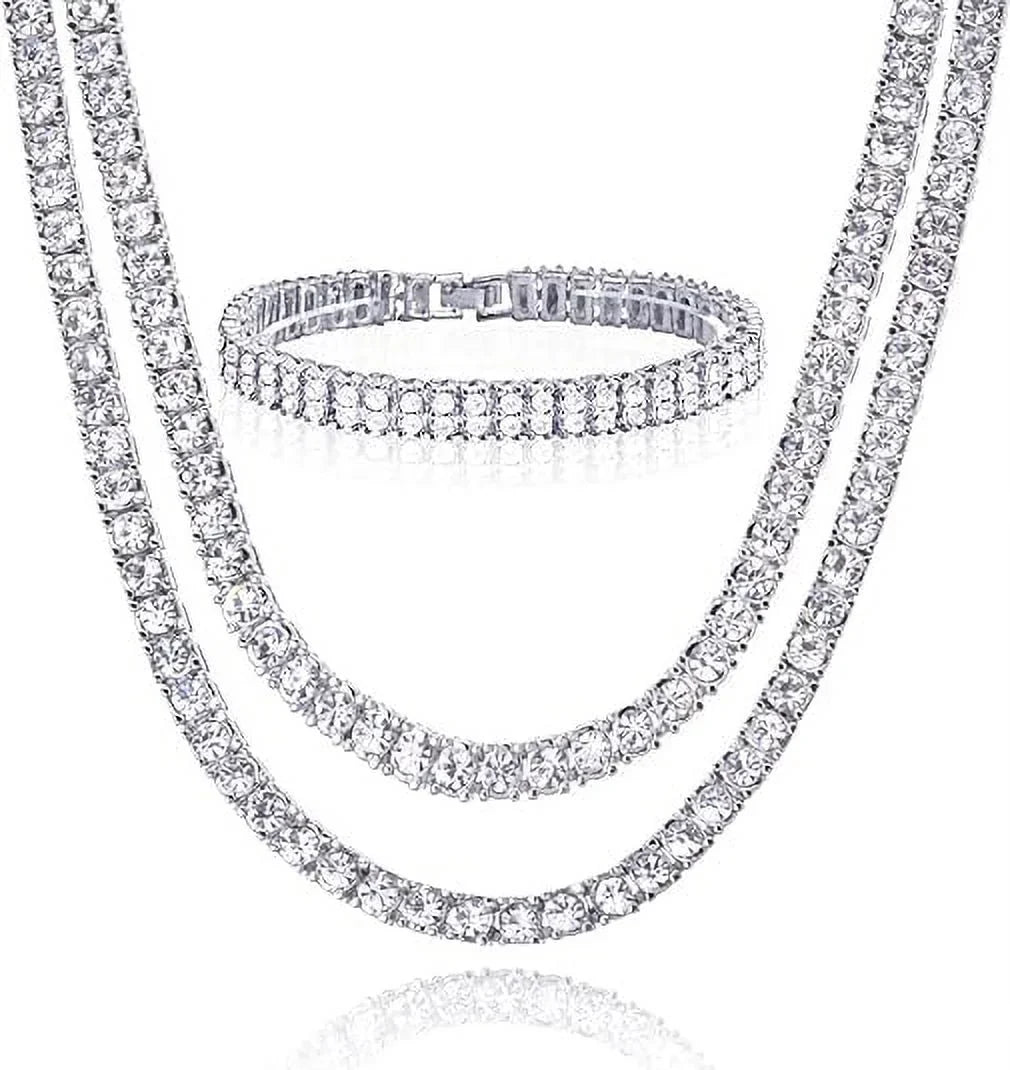 16" and Luxury Double 2 Row Plated 18" Silver Tennis 3 Hip Set Hop pc Bracelet + Chain 8"