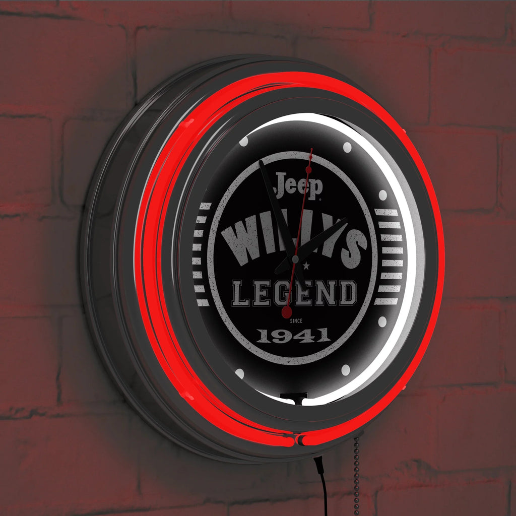 Black Garage, Double or Man Wall Accessories Clock-Jeep Pull Chain-Pub, Clock Cave Willys Legend Analog with Neon (Red) Rung