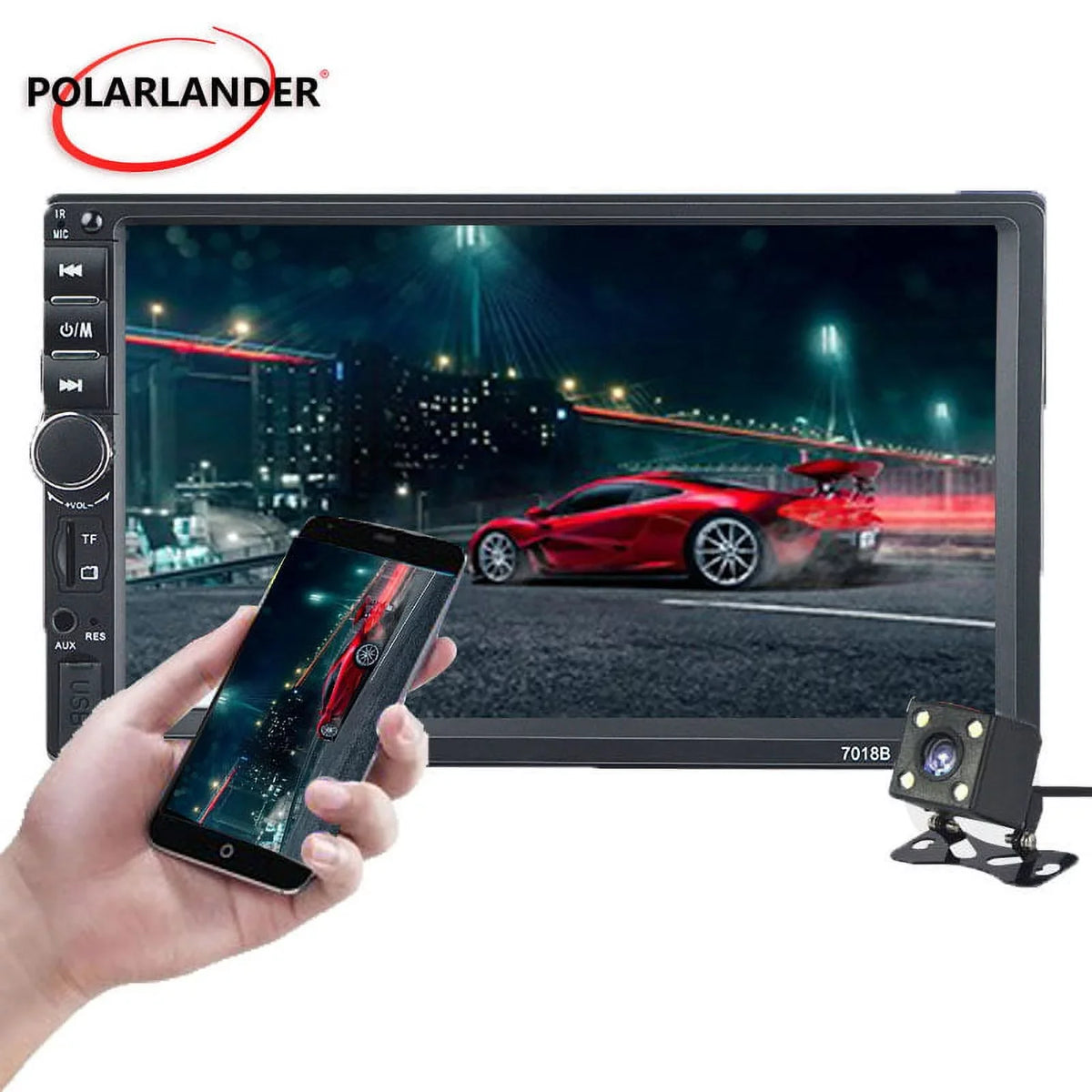 with Backup Link Radio with Audio MP5/4/3 7-inch Function Mirror Polarlander Multimedia Car Double Car Camera Screen Stereo Car Din Bluetooth Touch Player 4LED