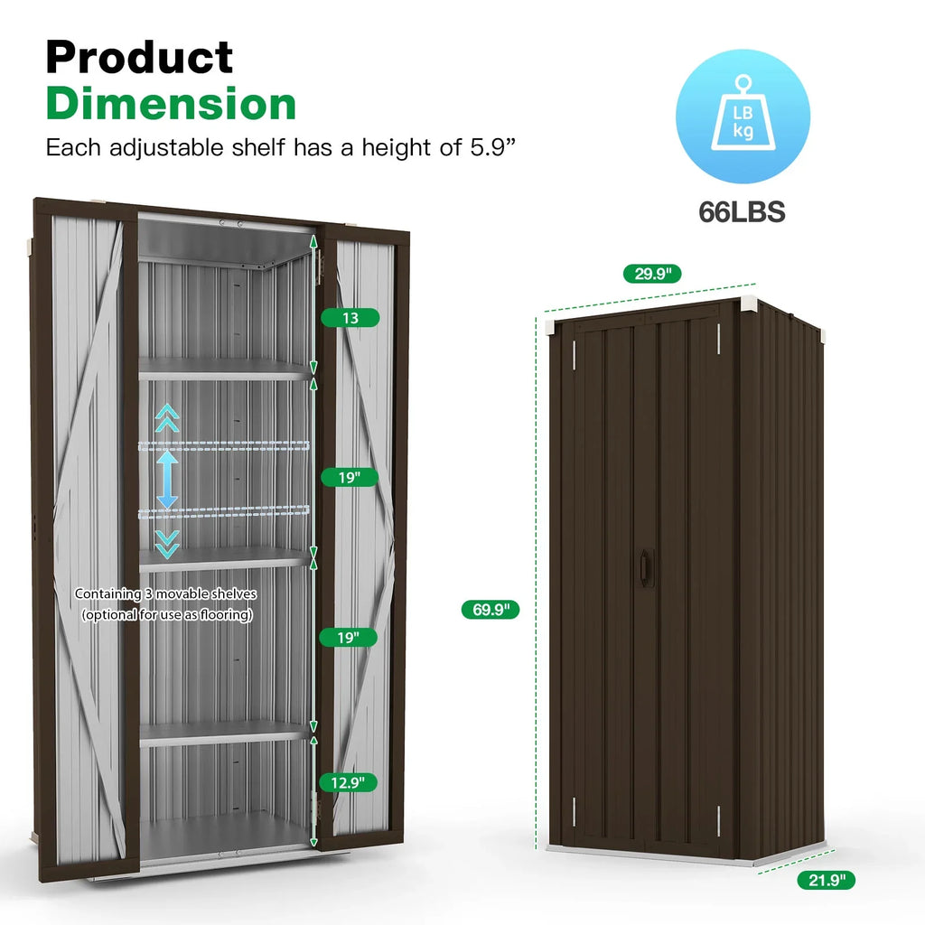 Metal Indoor for Garage& Shed Brown Cabinet Doors Outdoor/ Organizer Storage with Garden 70" in and Storage Shelves