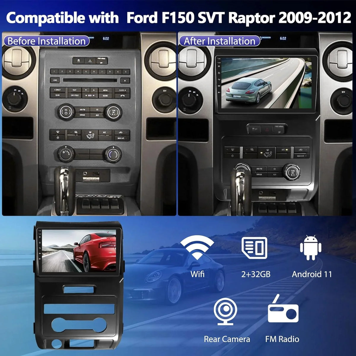 with Ford 2011 for Raptor Stereo 2009 Radio, 2010 Navigation /WiFi Car Android Auto Car CarPlay Touchscreen F150 Wireless with 9” Radio Camera& 11 Backup Bluetooth Android 2012