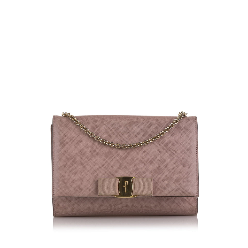 Unisex Authenticated Calf Pink Bag (Good) Ferragamo Leather Pre-Owned Ginny Vara Crossbody Small Crossbody